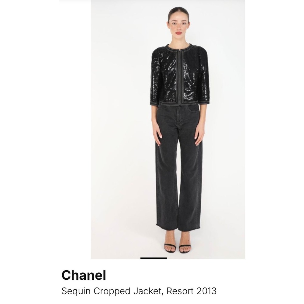 Chanel Sequined Blazer Women Sz 46 Black Resort 2013 Cropped Jacket Luxury